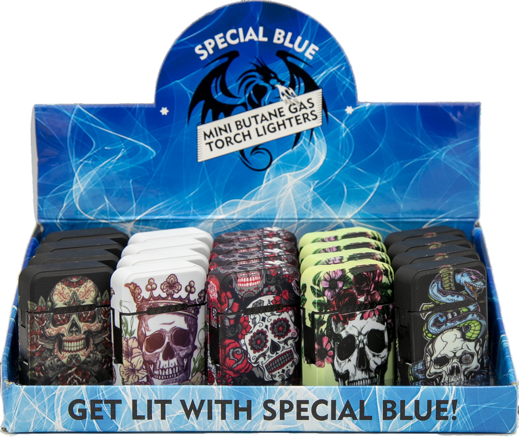 SPECIAL BLUE SKULLS & ROSES MINI TORCH LIGHTER DISPLAY (20pcs)